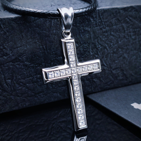 [1018] Stainless Steel Elegant Cubic Zirconian Cross Pendant With Chain Necklace - Taffu Craft Studio