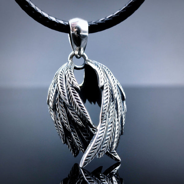 [1048] Protective Retro S925 Sterling Silver Angels Wing Pendant with Chain - Taffu Craft Studio