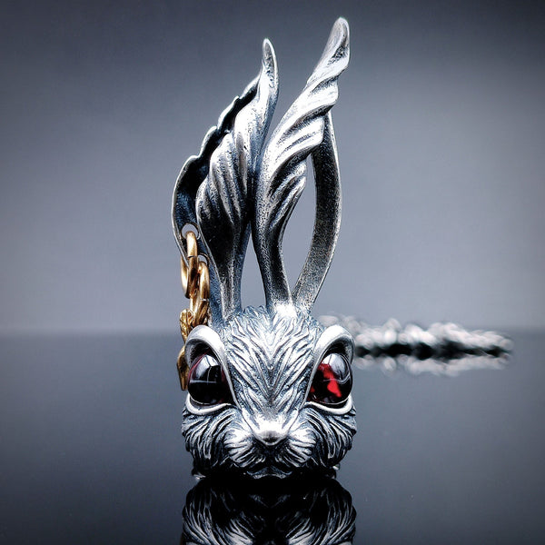 [1069] Sterling Silver S925 Retro Style Big Size Long Ears Rabbit Pendant Necklace - Taffu Craft Studio