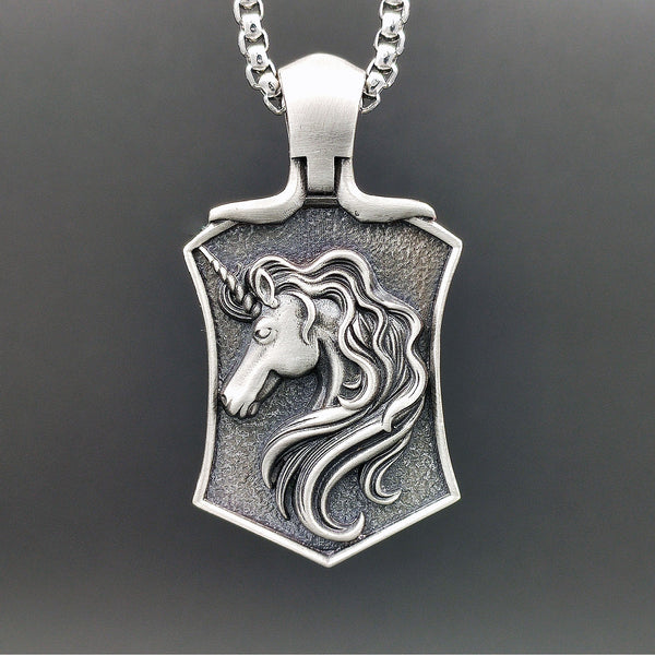 [1070] No Tarnishing Retro Pure Tin Unicorn Tag Pendant Necklace - Taffu Craft Studio