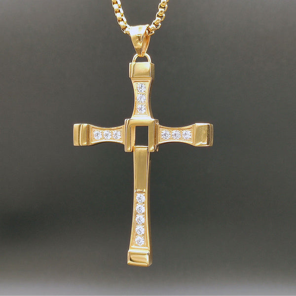 [1076] No Tarnishing SS316L FF Zircon Cross Gold Plated Pendant Necklace - Taffu Craft Studio